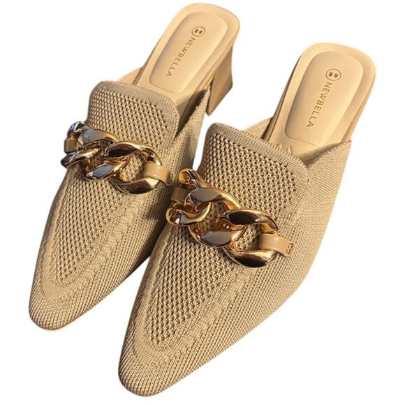 NIB Newbella Mousse Fit Pointed Toe Chunky Heeled Mules in Apricot 8 Chain - Picture 1 of 13